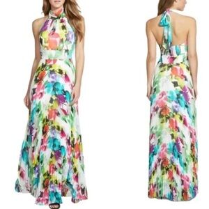 NWT Eliza J Floral Halter Maxi Dress Sz 2 Pleated Backless Tie Neck Smocked Glam